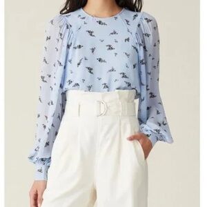 Ganni Georgette Blouse Floral Blue Black Chiffon Sheer Top Zip Size 36 Small